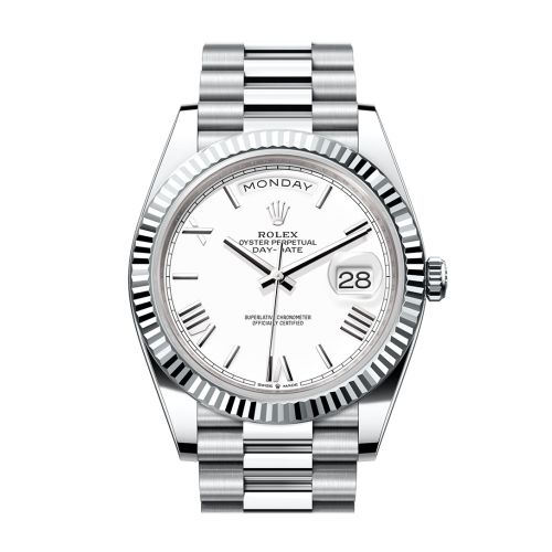 Rolex Day-Date 40 White Dial Fluted Bezel Platinum President Men's Watch 228236