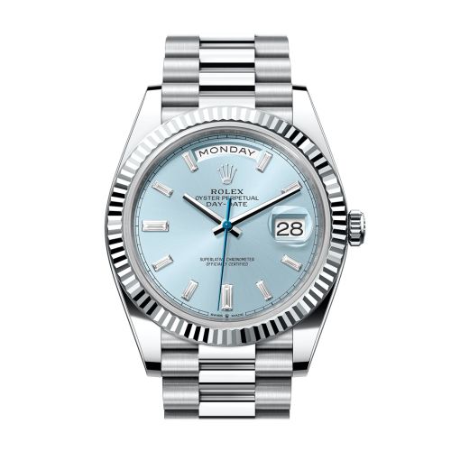 Rolex Day-Date 40 Ice-Blue Diamond Dial Dial Fluted Bezel Platinum President Men's Watch 228236