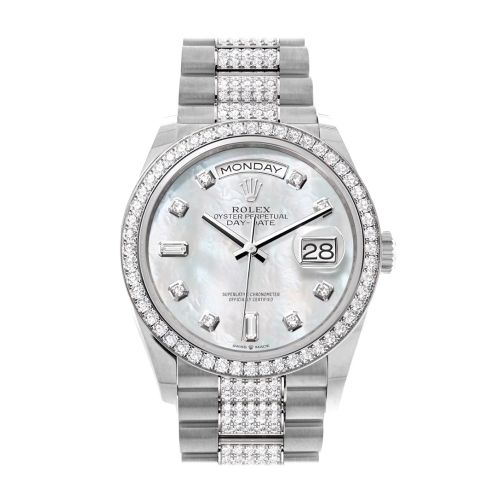 Rolex Day-Date 36 Mother of Pearl Diamond Dial Diamond Bezel White Gold Diamond President Watch 128349RBR