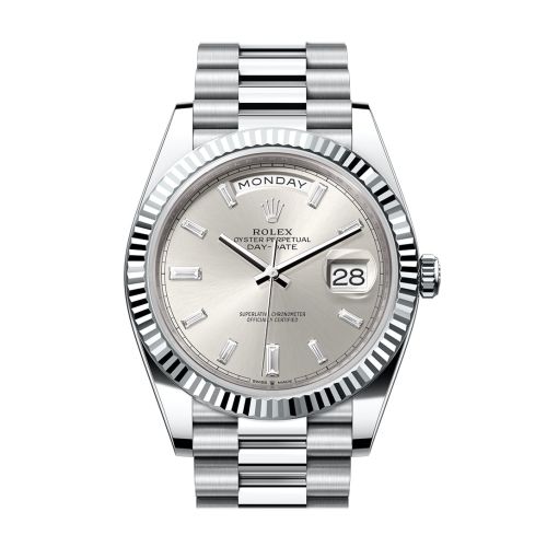 Rolex Day-Date 40 Silver Diamonds Dial Fluted Bezel Platinum President Men's Watch 228236