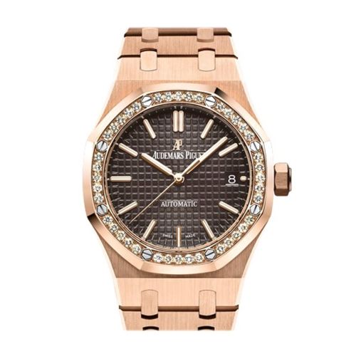 Audemars Piguet Royal Oak 37mm Brown Dial Automatic 18K Pink Gold Ladies Diamond Watch 15451OR.ZZ.1256OR.04