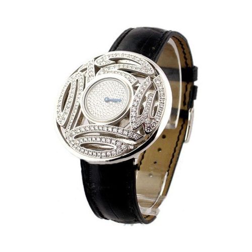 Chopard Lady's Round Boutique Diamond Dial Black Leather Strap Ladies Quartz Watch 137129-20