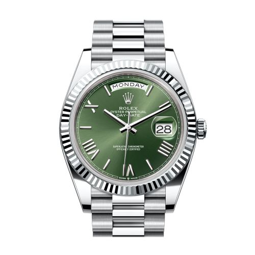 Rolex Day-Date 40 Olive Green Dial Fluted Bezel Platinum President Men's Watch 228236