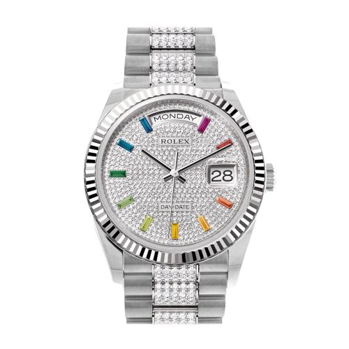 Rolex Day-Date 36 Diamond Paved Diamond Dial Fluted Bezel White Gold Diamond President Watch 128239