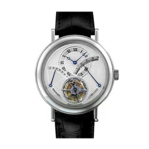 Breguet Tourbillon Silver Dial Platinum Black Leather Men's Watch 3657PT129V6