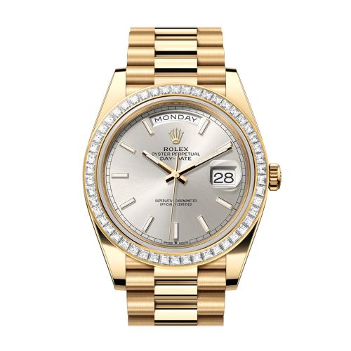 Rolex Day-Date 40 Silver Dial Baguette Diamond Bezel 18K Yellow Gold President Men's Watch 228398TBR