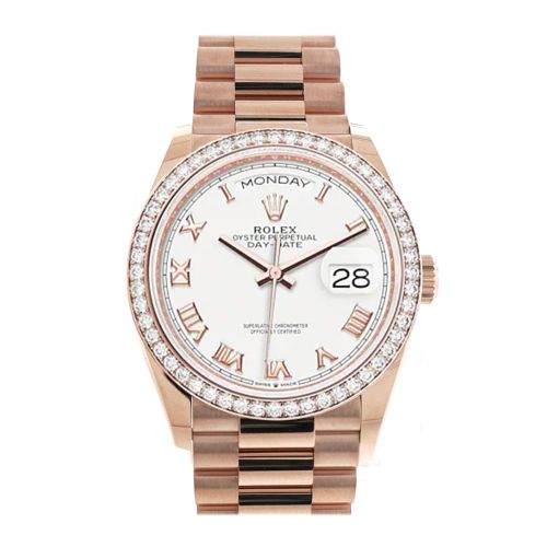 Rolex Day-Date 36 White Dial Diamond Bezel 18K Everose Gold President Watch 128345RBR