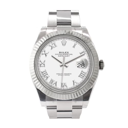 Rolex Datejust 41 White Roman Dial White Gold Fluted Bezel Oyster Mens Watch 126334