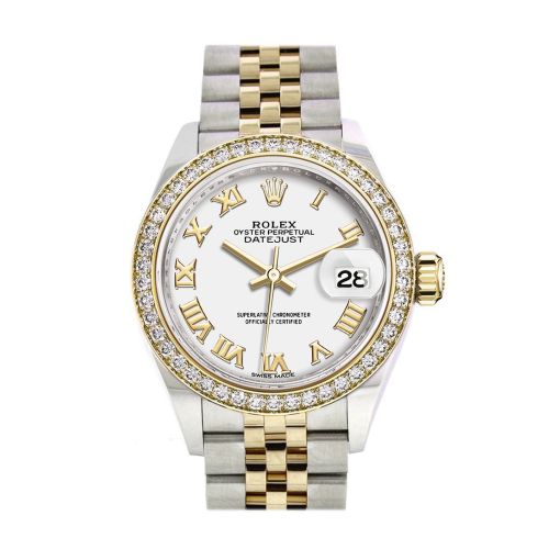 Rolex Datejust 28 White Roman Dial Diamond Bezel Yellow Gold Jubilee Ladies Watch 279383RBR 279383