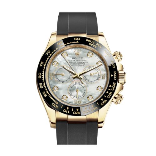 Rolex Cosmograph Daytona White Mother of Pearl  Diamond Yellow Gold Oysterflex Strap Mens Watch 116518LN 116518