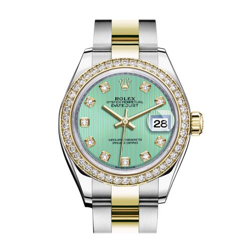 Rolex Datejust 28 Mint Green set with diamonds Dial Diamond Bezel Yellow Gold Ladies Watch 279383RBR 279383