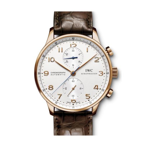 IWC Portuguese Silver Dial Chronograph Rose Gold Leather Automatic Men's Watch IW371480