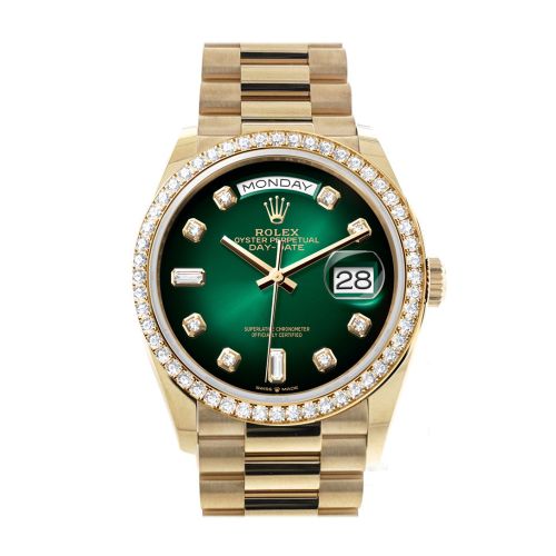 Rolex Day-Date 36 Green Ombré Dial Gold Diamond Bezel Watch 128348RBR-0035 128348RBR