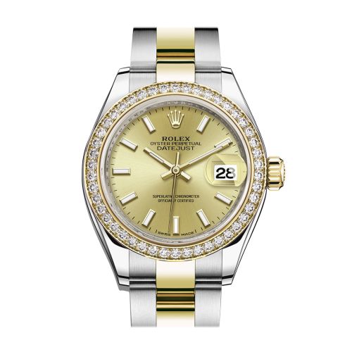 Rolex Datejust 28 Champagne Dial Diamond Bezel Yellow Gold Ladies Watch 279383RBR 279383