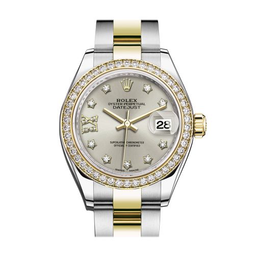 Rolex Datejust 28 Silver Diamond Star Dial Diamond Bezel Yellow Gold Ladies Watch 279383RBR 279383