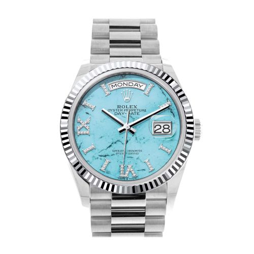 Rolex Day-Date 36 Turquoise Diamond Dial Fluted Bezel Platinum President Watch 128236