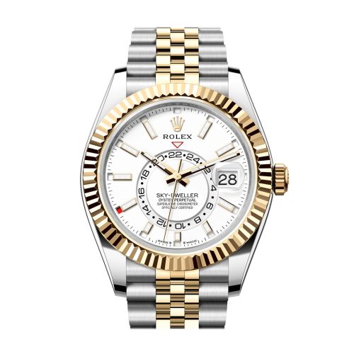 Rolex Sky Dweller 42 White Dial Yellow Gold Stainless Steel Jubilee Mens Watch 336933