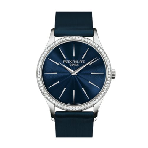 Patek Philippe Calatrava Blue Dial Diamond 18kt White Gold Ladies Watch 4897G-001