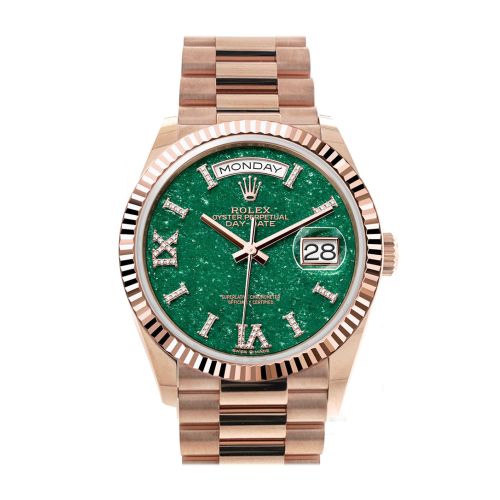 Rolex Day-Date 36 Aventurine Diamond Dial Fluted Bezel 18K Everose gold President Watch 128235