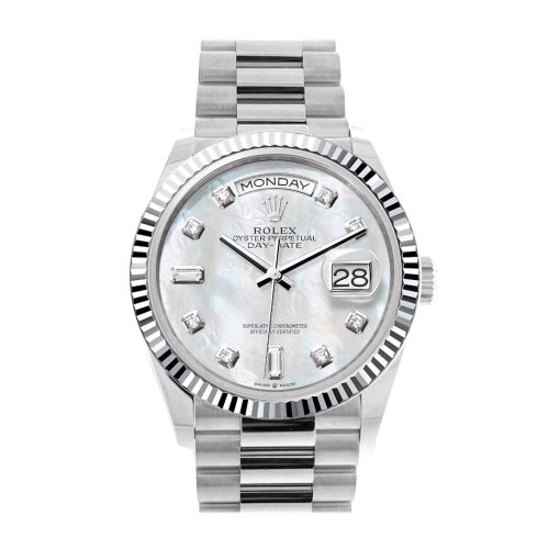 Rolex Day-Date 36 Mother of Pearl Diamond Dial Fluted Bezel Platinum President Watch 128236