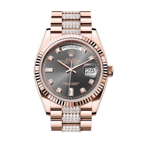 Rolex Day-Date 36 Slate Diamond Dial Fluted Bezel 18K Everose gold Diamond  President Watch 128235