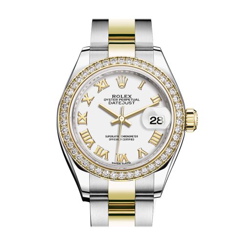 Rolex Datejust 28 White Roman Dial Diamond Bezel Yellow Gold Ladies Watch 279383RBR 279383