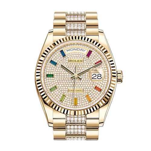 ROLEX Day-Date 36 Diamond-Paved Dial 18K Yellow Gold Watch Diamond set president Bracelet 128238