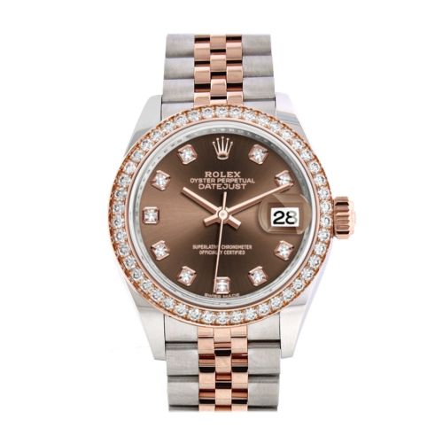 Rolex Datejust 28 Chocolate Diamonds Dial White Roman Dial Diamond Bezel Rose Gold Two Tone Watch 279381RBR 279381