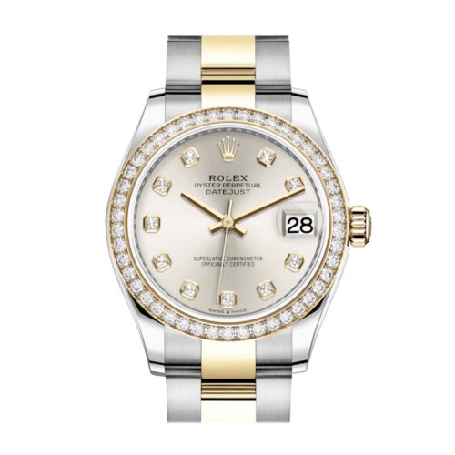 Rolex Datejust 31 Silver Diamonds Dial Diamond Bezel Yellow Gold Two Tone Watch 278383RBR 278383