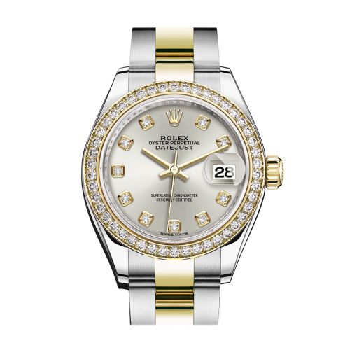 Rolex Datejust 28 Silver set with diamonds Dial Diamond Bezel Yellow Gold Ladies Watch 279383RBR 279383