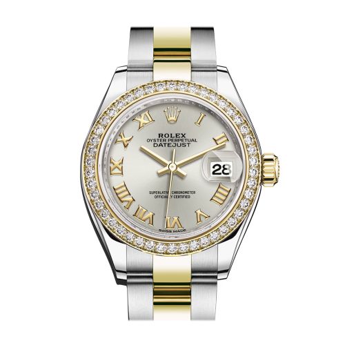 Rolex Datejust 28 Silver Roman Dial Diamond Bezel Yellow Gold Ladies Watch 279383RBR 279383