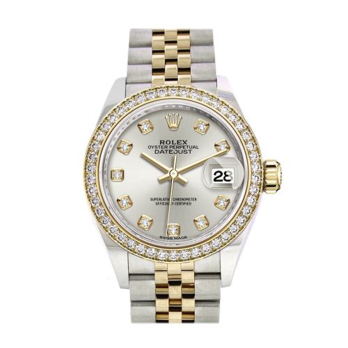 Rolex Datejust 28 Silver set with diamonds Dial Diamond Bezel Yellow Gold Jubilee Ladies Watch 279383RBR 279383