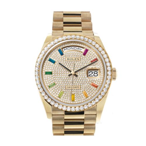 Rolex Day-Date 36 Paved Rainbow Sapphire Dial Gold Diamond Bezel Diamond President Watch 128348RBR-0030 128348RBR