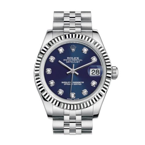 Rolex Datejust 31 Blue Set Diamonds Dial White Gold Fluted Bezel Jubilee Ladies Watch 178274