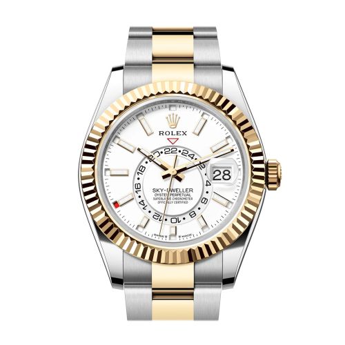 Rolex Sky Dweller 42 White Dial Yellow Gold Stainless Steel Oyster Mens Watch 336933