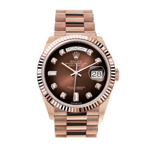 Rolex Day-Date 36 Brown ombré Diamond Dial Fluted Bezel 18K Everose gold President Watch 128235