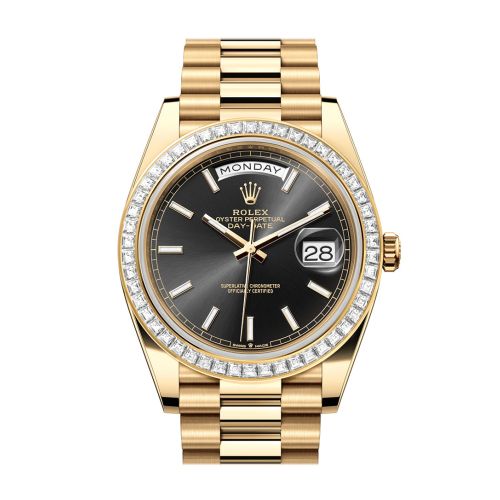 Rolex Day-Date 40 Black Dial Baguette Diamond Bezel 18K Yellow Gold President Men's Watch 228398TBR