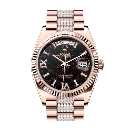 Rolex Day-Date 36 Eisenkiesel Dial Fluted Bezel 18K Everose gold Diamond President Watch 128235