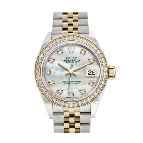 Rolex Datejust 28 White mother-of-pearl set with diamonds Dial Diamond Bezel Yellow Gold Jubilee Ladies Watch 279383RBR 279383