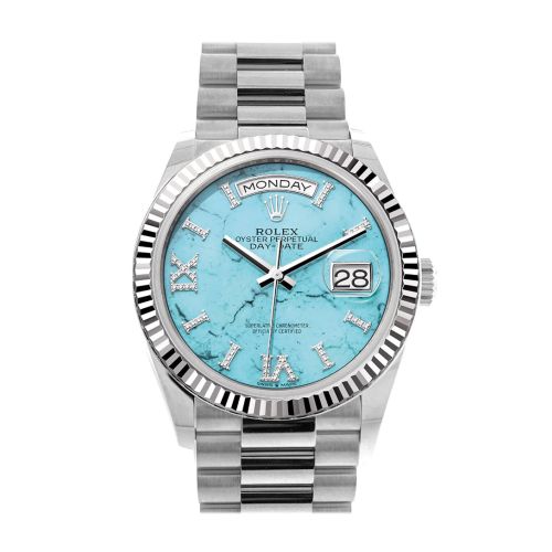 Rolex Day-Date 36 Turquoise Diamond Dial Fluted Bezel White gold President Watch 128239