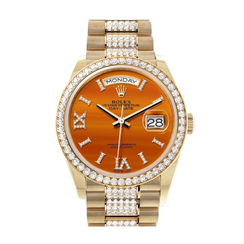 Rolex Day-Date 36 Carnelian Dial Gold Diamond Bezel Watch 128348RBR-0050 128348RBR