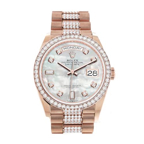 Rolex Day-Date 36 Mother of Pearl Diamond Dial Diamond Bezel 18K Everose Gold Diamond President Watch 128345RBR