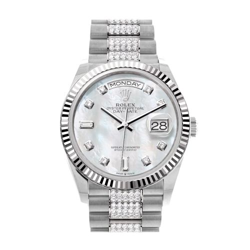 Rolex Day-Date 36 Mother of Pearl Diamond Dial Fluted Bezel White Gold Diamond President Watch 128239