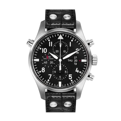 IWC Double Chronograph Pilot Black Dial Black Leather 46mm Men's Watch IW377801