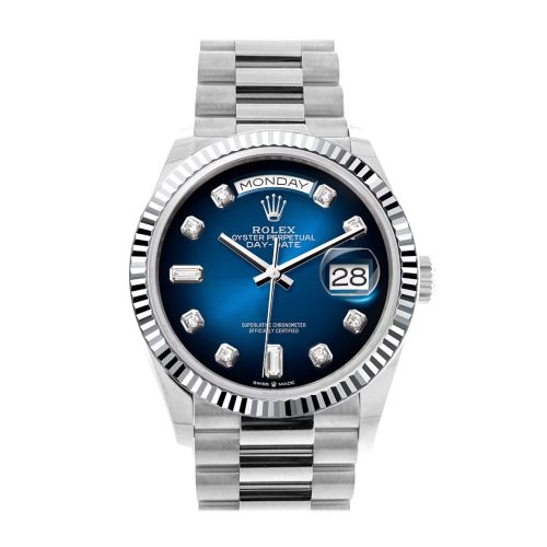 Rolex Day-Date 36 Blue ombré Diamond Dial Fluted Bezel Platinum President Watch 128236