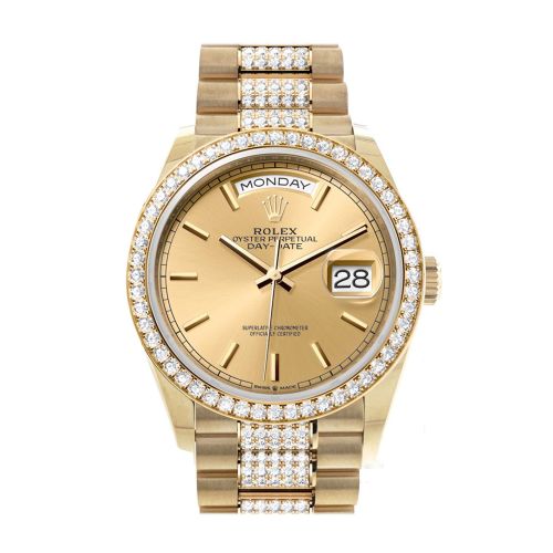 Rolex Day-Date 36 Champagne Dial Gold Diamond Bezel Watch 128348RBR-0027 128348RBR