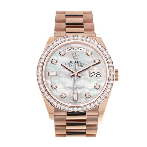 Rolex Day-Date 36 Mother of Pearl Diamond Dial Diamond Bezel 18K Everose Gold President Watch 128345RBR