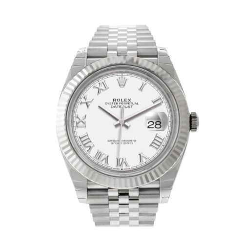 Rolex Datejust 41 White Roman Dial White Gold Fluted Bezel Jubilee Mens Watch 126334