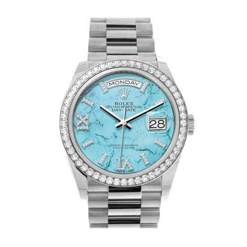 Rolex Day-Date 36 Turquoise Diamond Dial Diamond Bezel White Gold President Watch 128349RBR