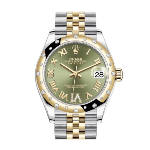 Rolex Datejust 31 Olive green Large VI diamonds Dial Diamond Bezel Jubilee Yellow Gold Two Tone Watch 278343RBR 278343 NP